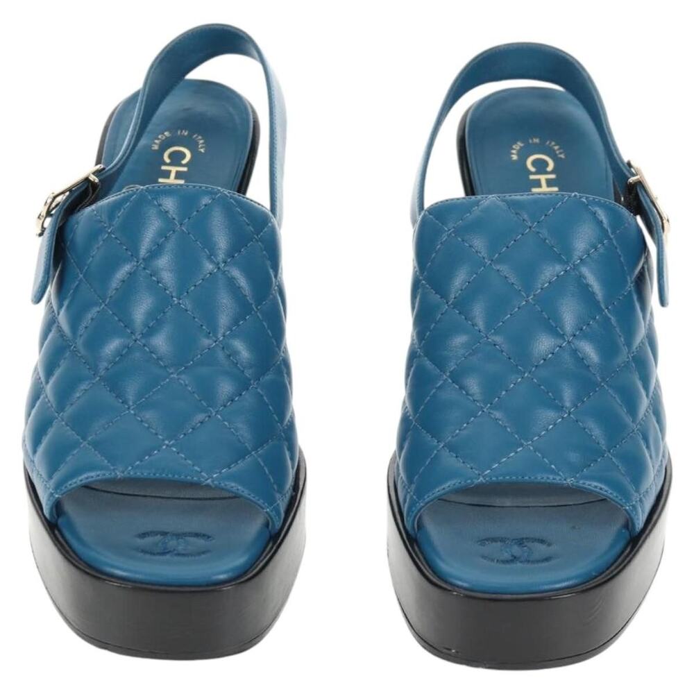 Chanel Matelasse Leather Heel Sandals Blue